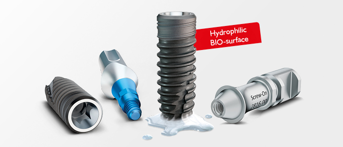 BioniQ dental implant and prosthetic components with the hydrophilic BIO surface